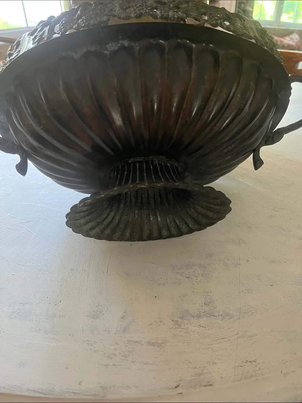 Ornate  vintage Metal Pedestal Bowl with Handles - Black Finish